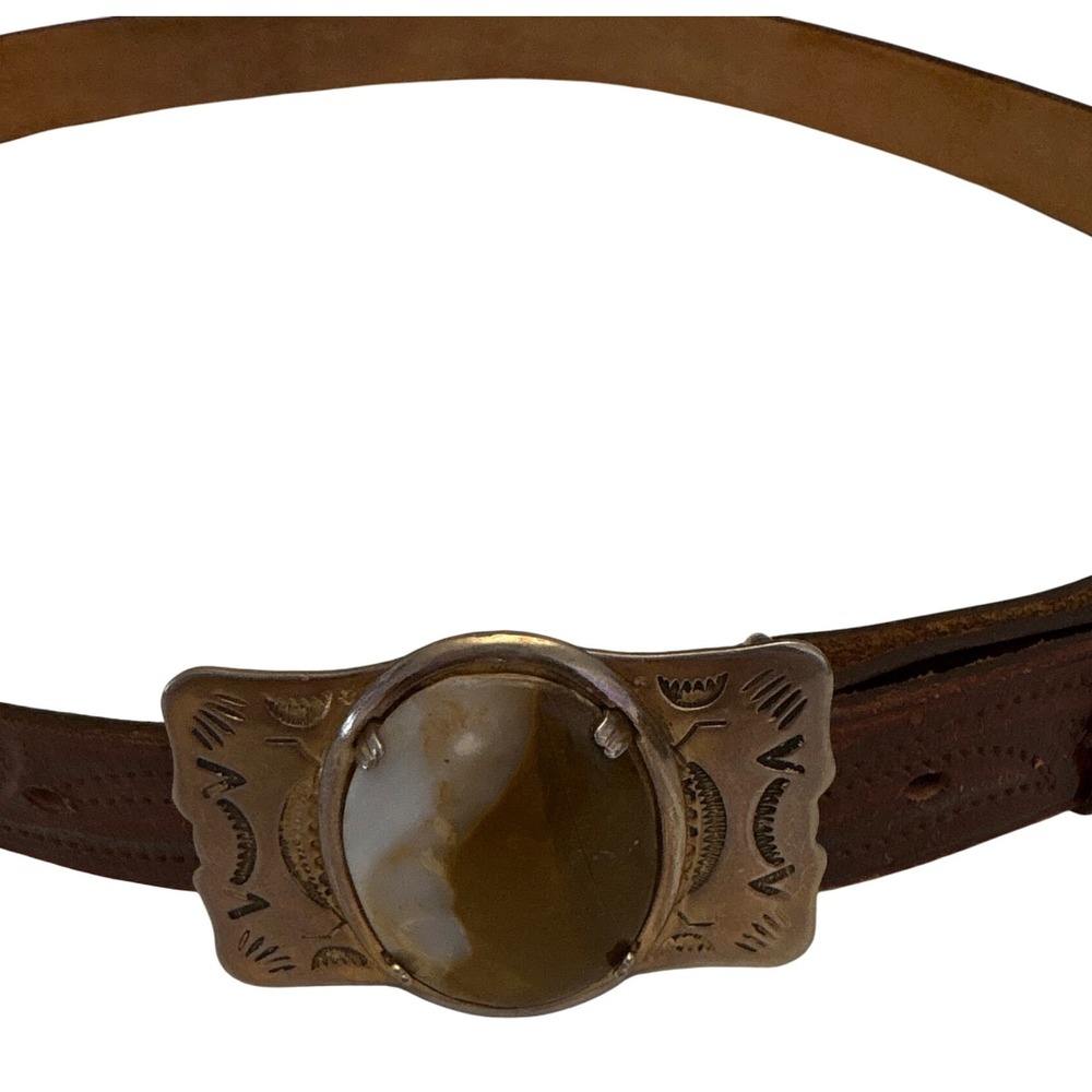 Vintage Handmade Tex Tan Leather‎ Belt Western Style Stone Buckle Brown Size 38